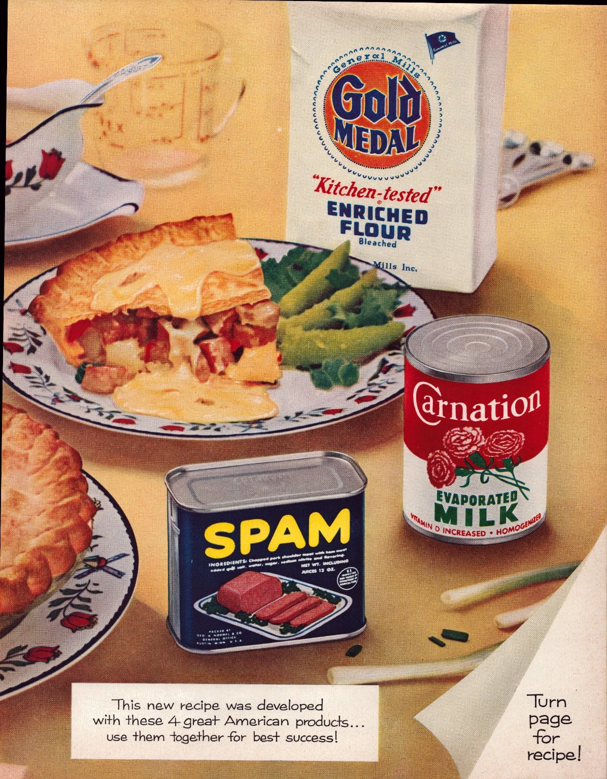SPAM Magazine Ad with Gold Medal Flour Carnation Milk 1950s Retro Food