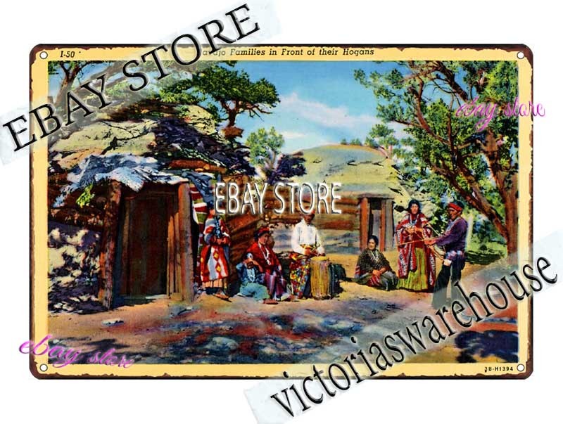 1943 Navajo Family Hogans Traditional Homes Tin Sign art lodge cafe wall