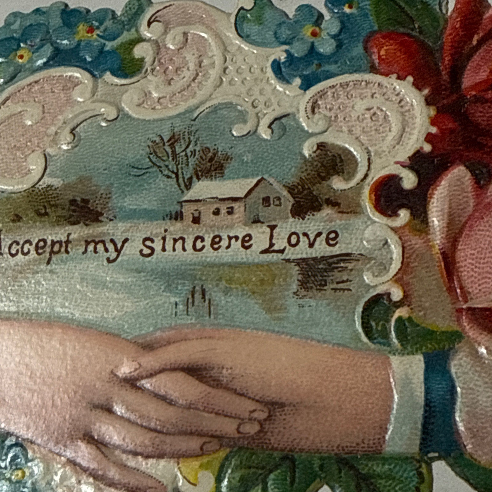 EDWIN YOUNG Peekaboo Hand Rose Die cut Victorian Calling Card 1880 LACE LOVE