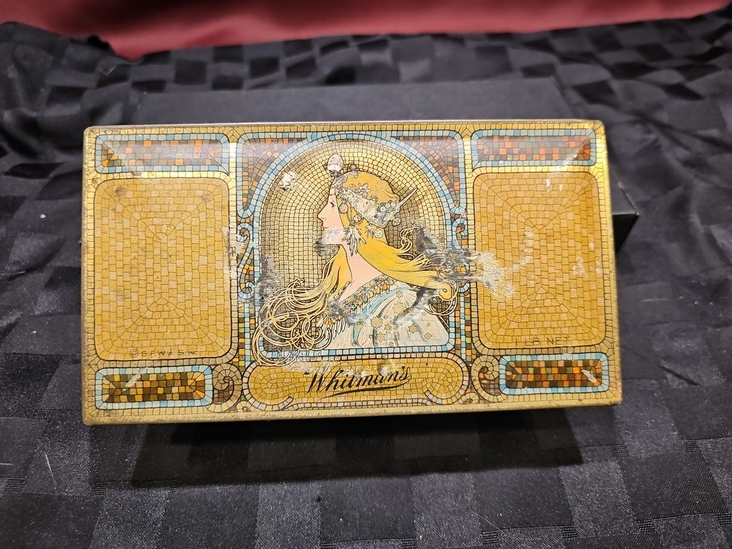 Antique 1920’s Whitman’s Chocolate Metal Tin Alphonse Mucha Art Nouveau Design