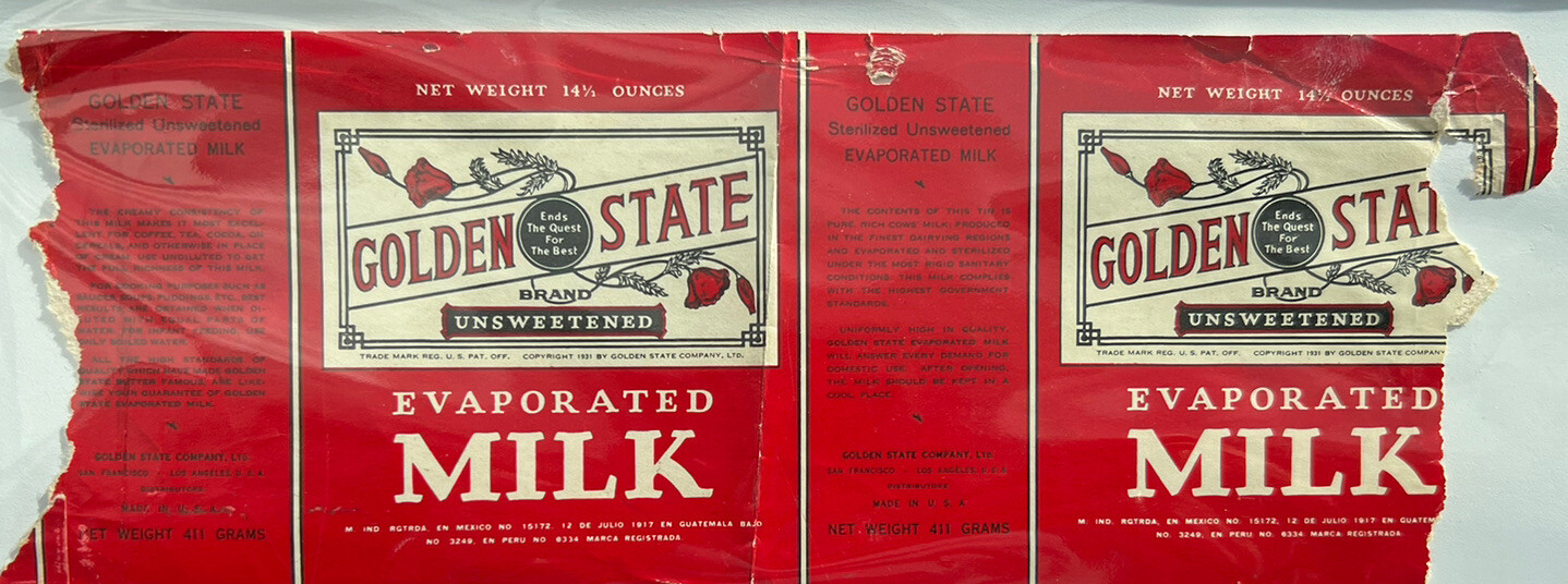 1931 GOLDEN STATE UNSWEETENED EVAPORATED MILK Can Label San Francisco CA 4E