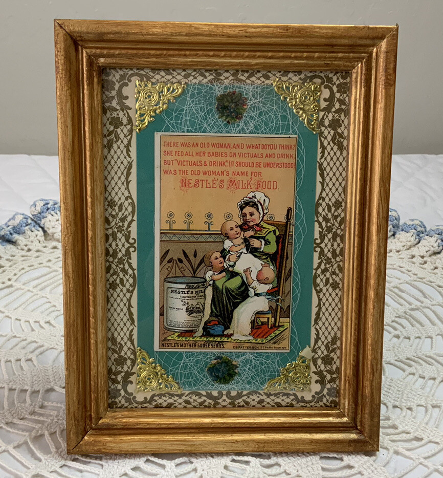 Vintage Antique Victorian Trade Card Framed, Mother & Babies, Advertising Milk