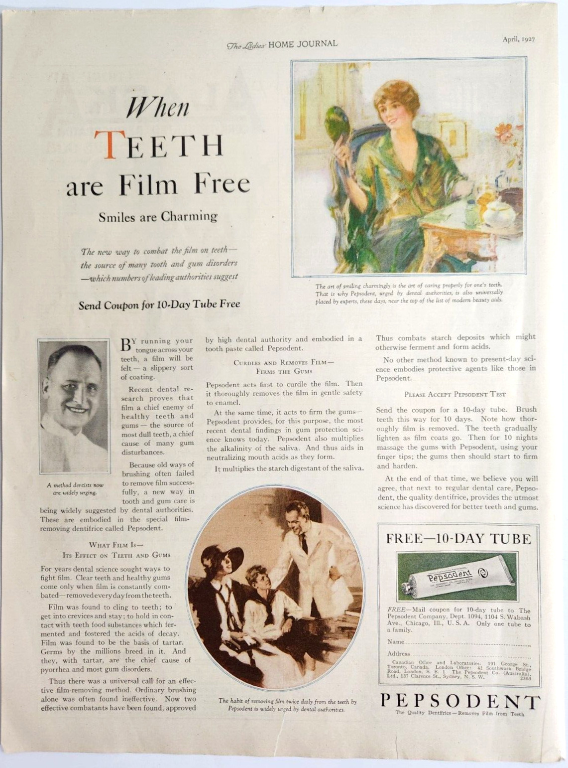 Pepsodent Vintage 1927 Ad Magazine Print Tube Toothpaste Dentist
