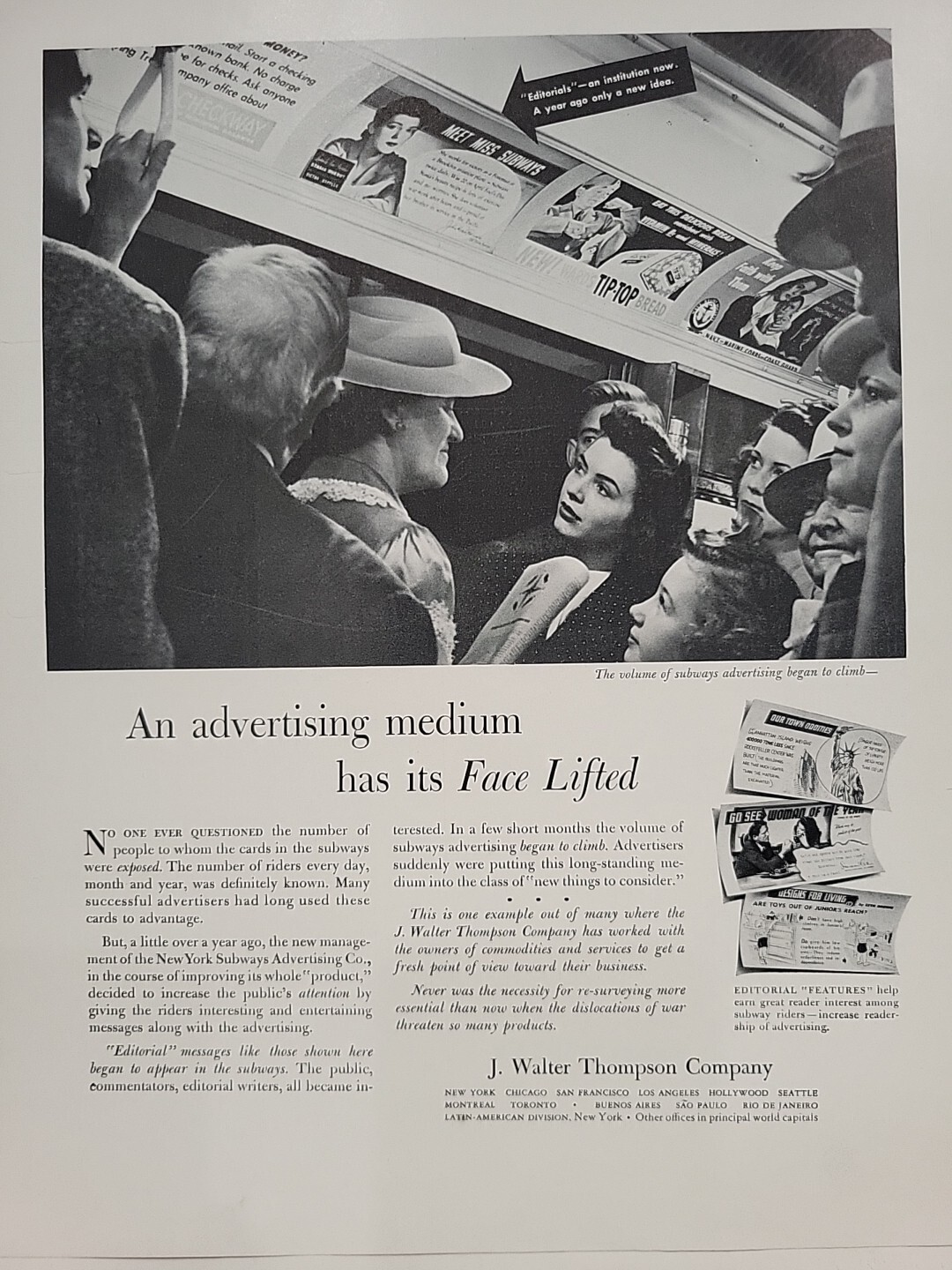 1942 J. Walter Thompson Co. Fortune WW2 Print Ad Q3 Subway Advertising Agency