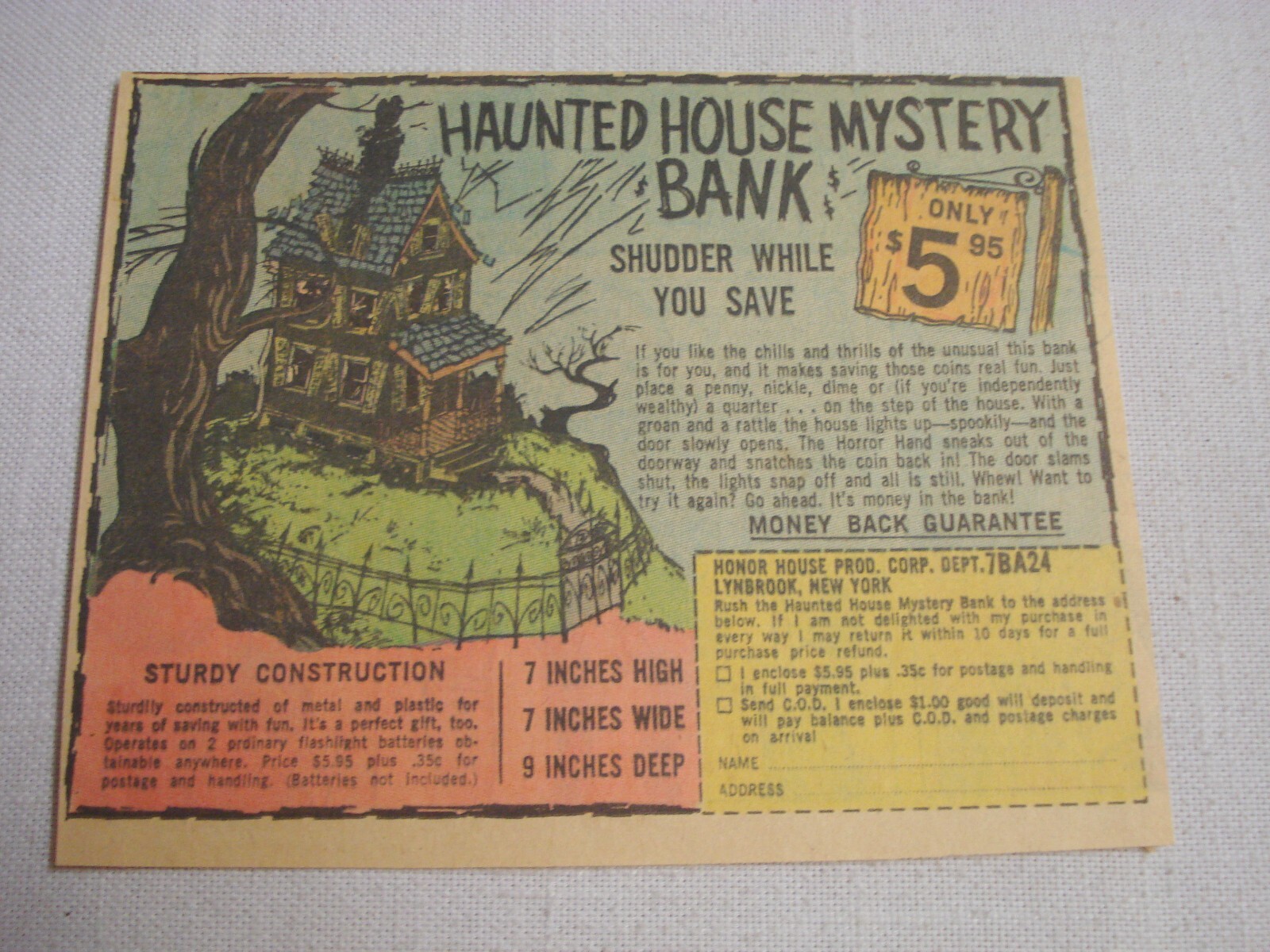 1967 Color Ad Haunted House Mystery Bank, Honor House Prod. Corp. Lynbrook, N.Y