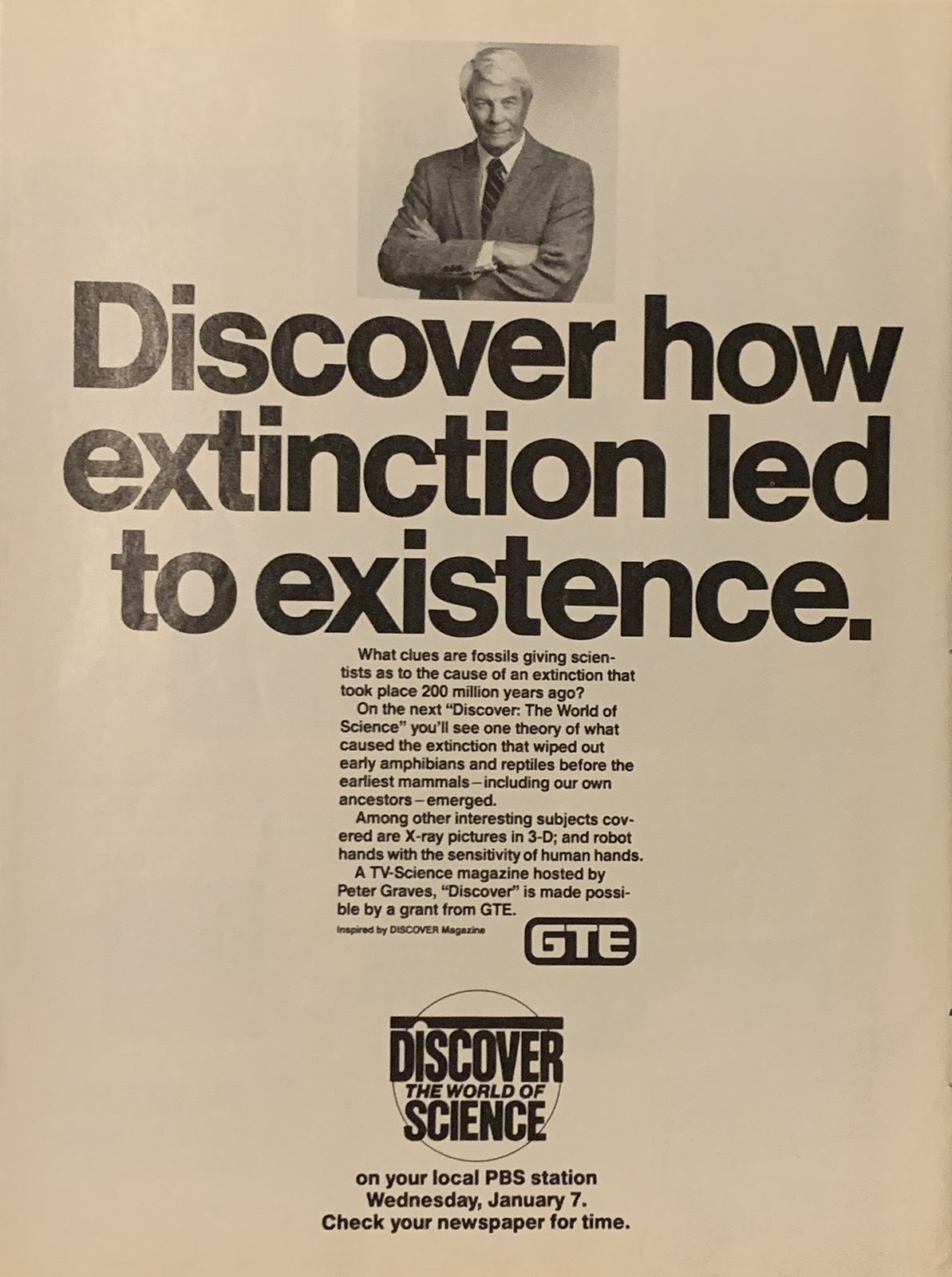 1987 Discover World Science PRINT AD TV Show Promo Ad PBS Peter Graves VTG 1980s