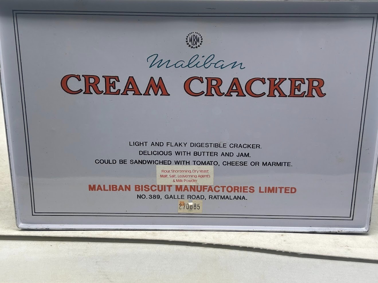 1985 Maliban Cream Cracker Biscuit Advertising Tin from Sri Lanka ~12″