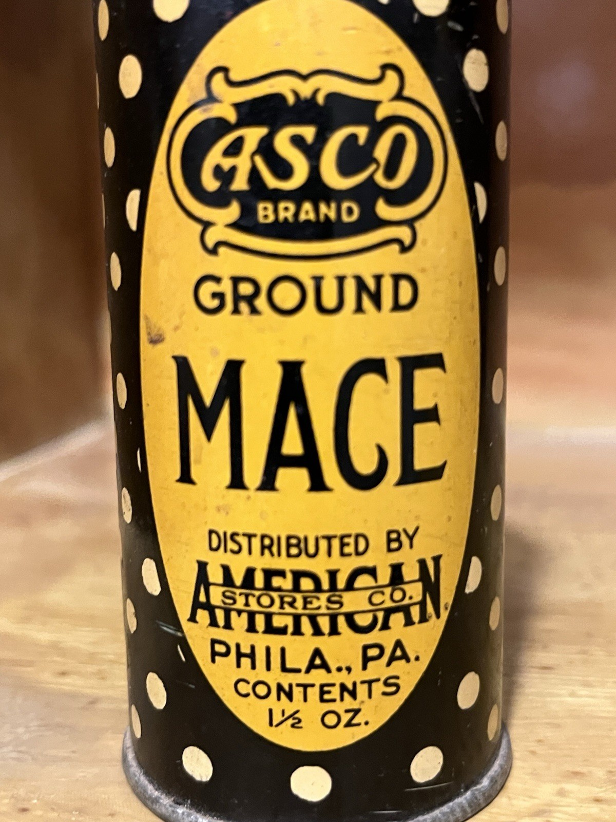 antique American Stores Co. Mace spice tin Asco Brand Philadelphia Pa 1 1/2 oz