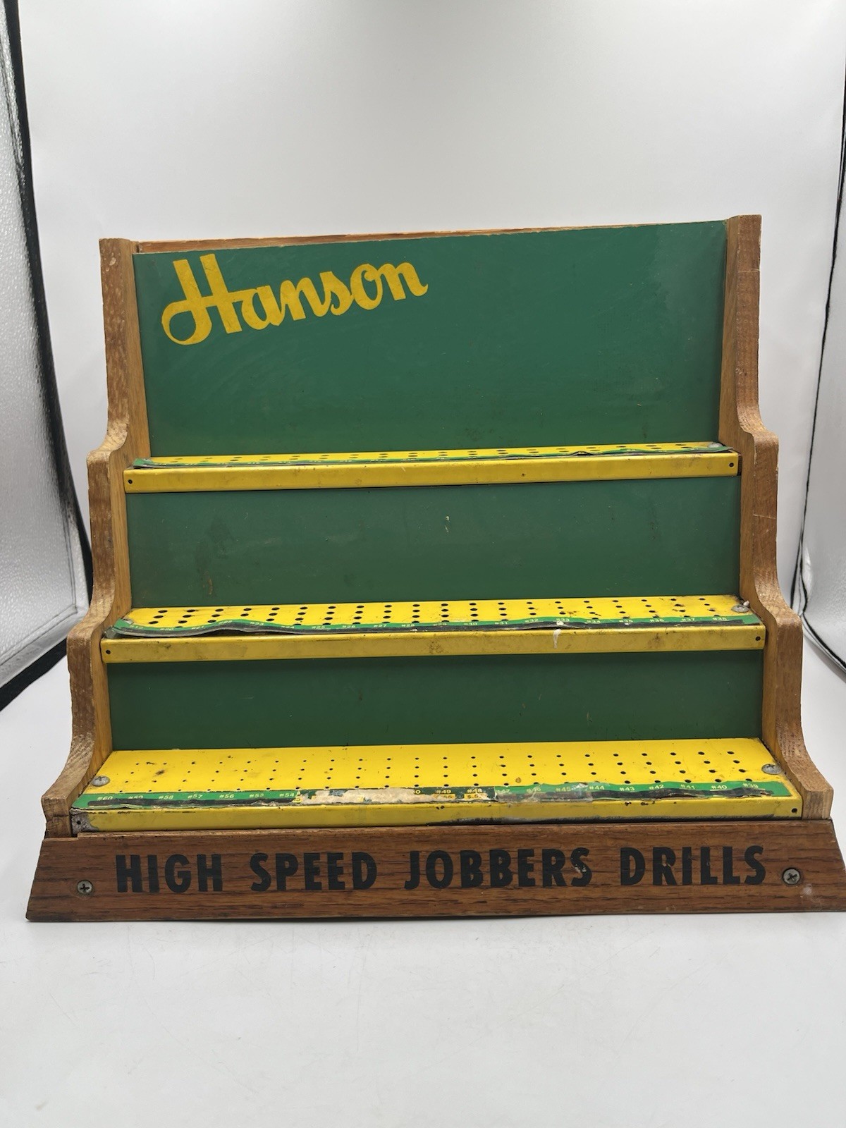 Vintage Oak Wood Hardware Store Display Hanson HIGH SPEED JOBBERS DRILLS SEE
