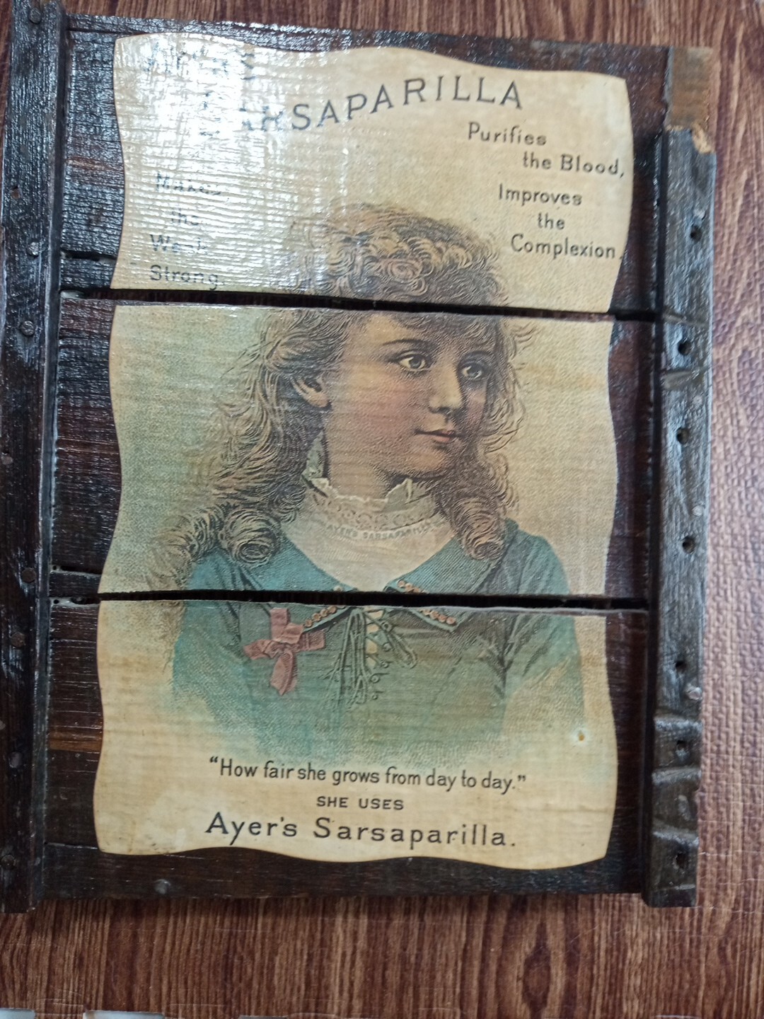 Victorian Adv Wood Wall Hanging Ayers Sarsaparilla How Fair She… 14.75″X11.75″