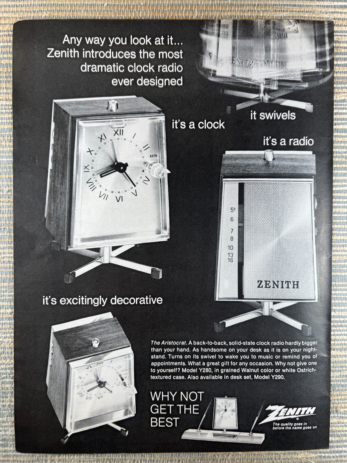 Zenith Aristocrat Swivel Clock Radio Model Y280 Y290 1967 Vintage Print Ad