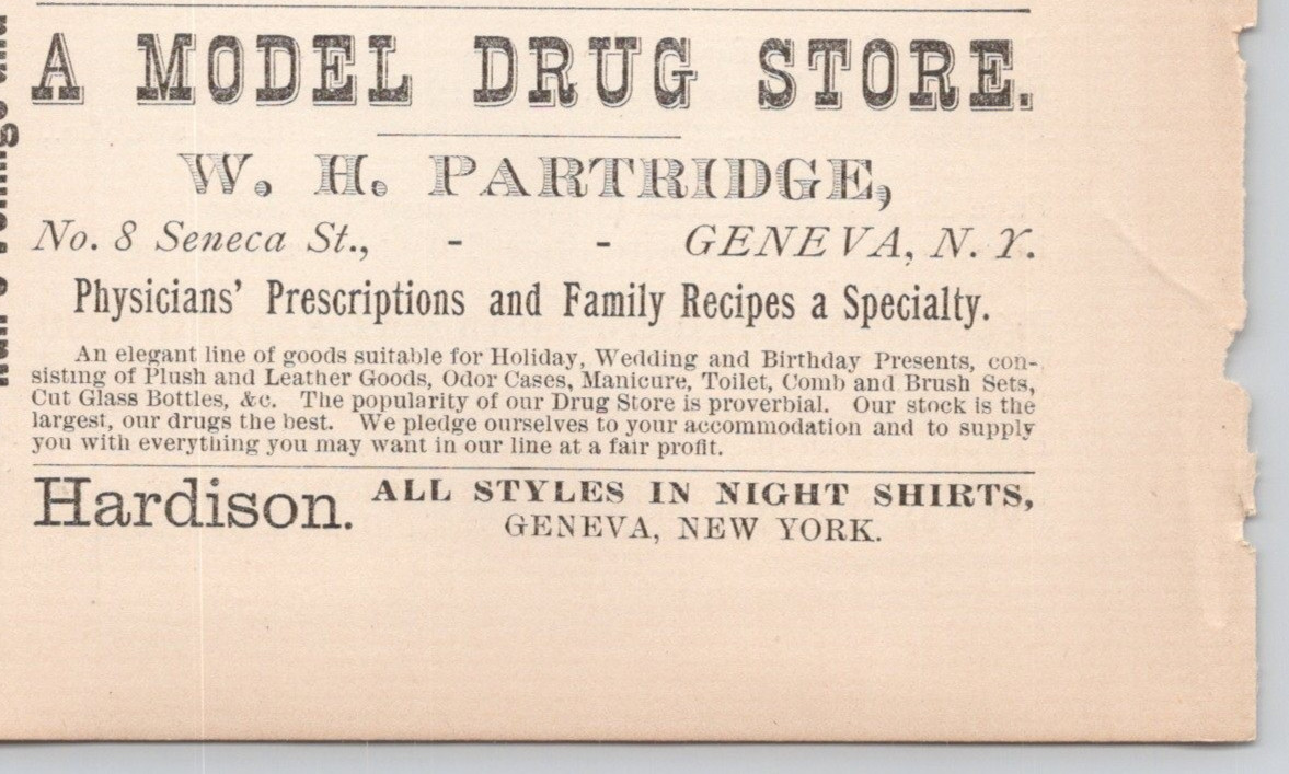 1891 W H Partridge A Model Drug Store Geneva NY Print Ad