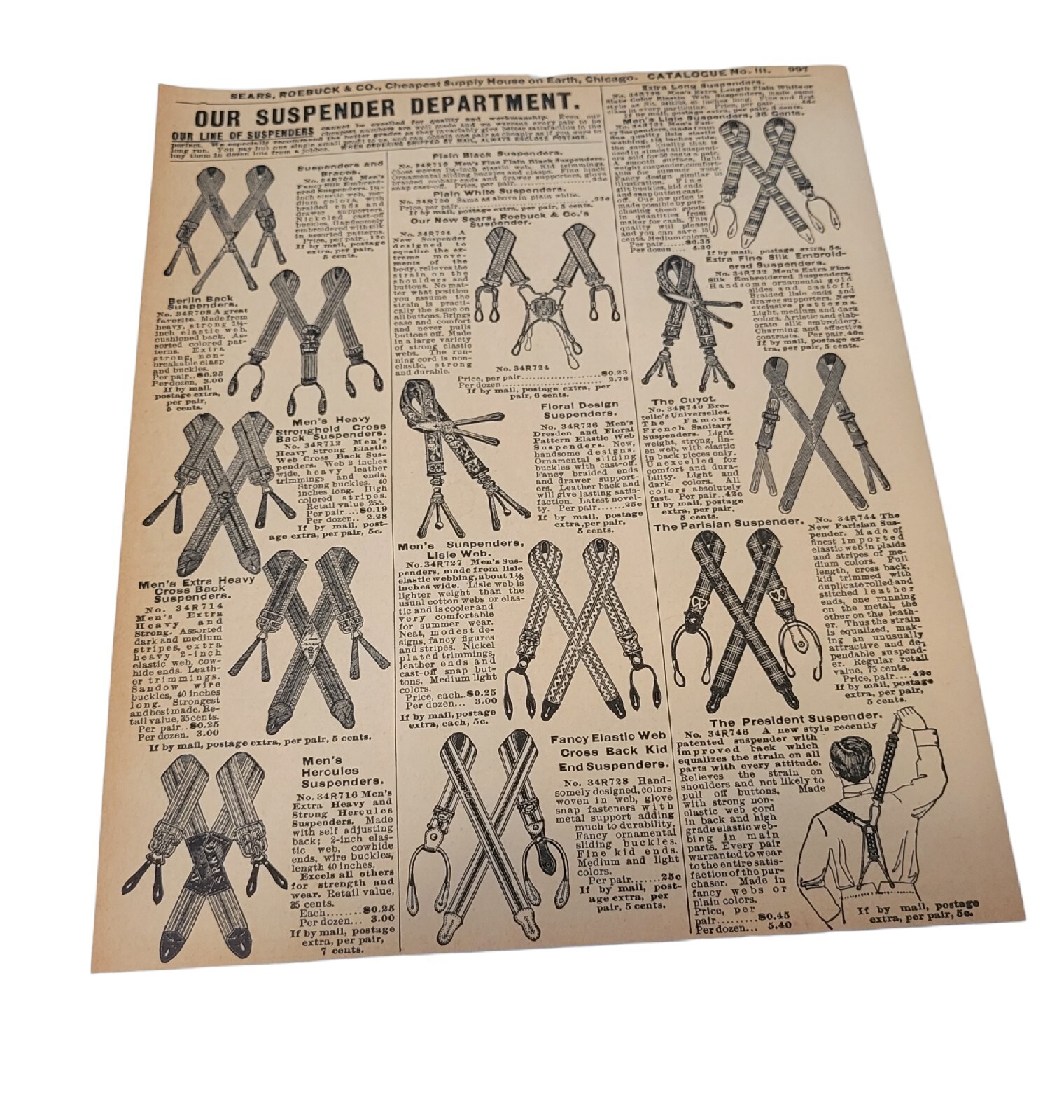 Early 1900’s Men’s Suspenders Catalog Page Ad Edwardian Era Fashion Mufflers