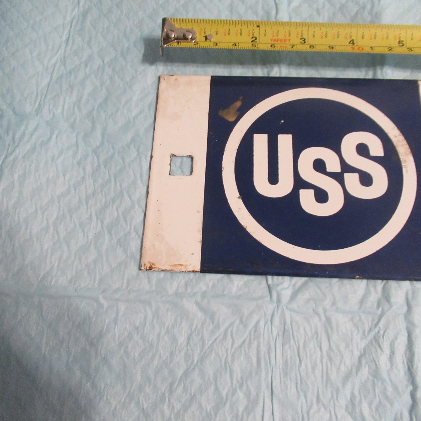 VINTAGE PORCELAIN SIGN USS CYCLONE FENCE US STEEL 4 1/4 X 13 1/2