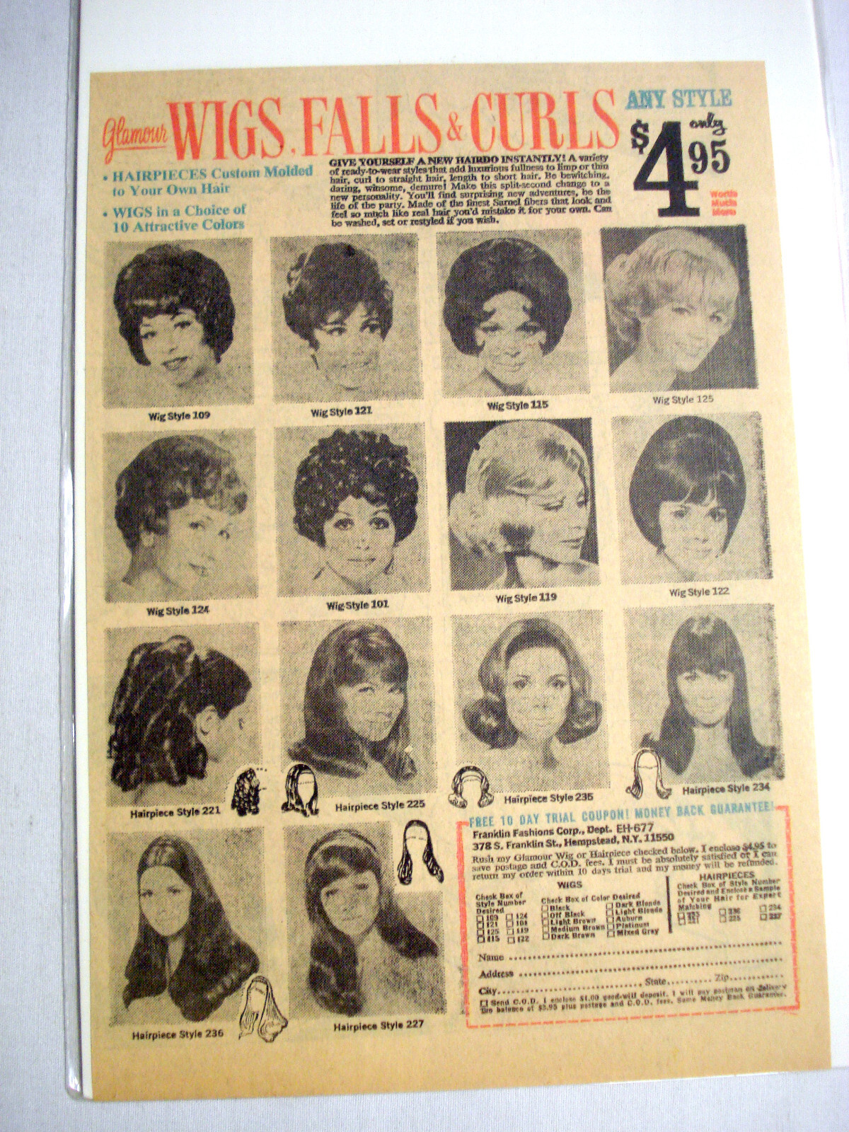 1972 Ad Glamour Wigs, Falls, & Curls 14 Styles Franklin Fashions, Hempstead, N.Y