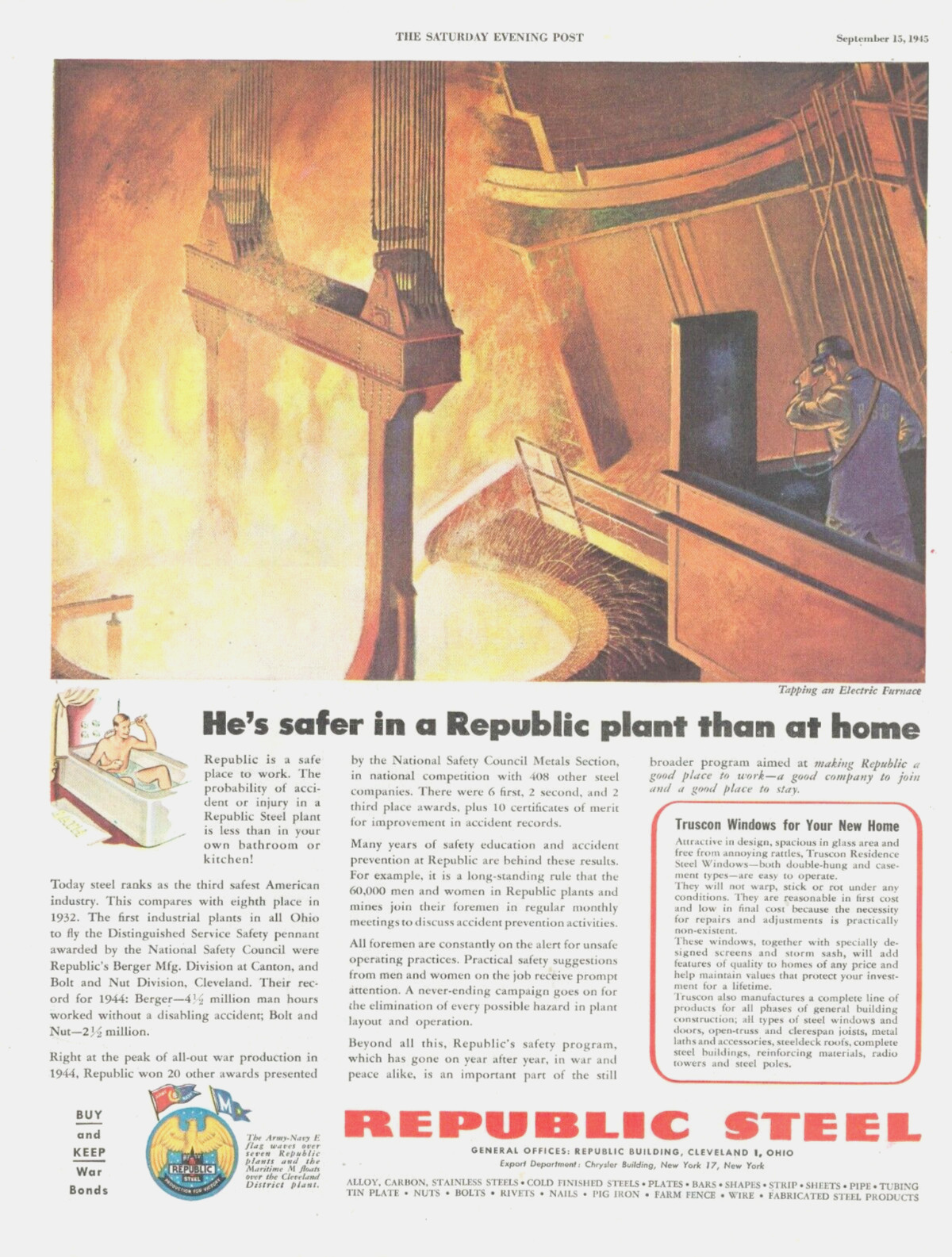 Republic Steel plant furnace war worker vintage PRINT AD 1945 BUY US WAR BONDS