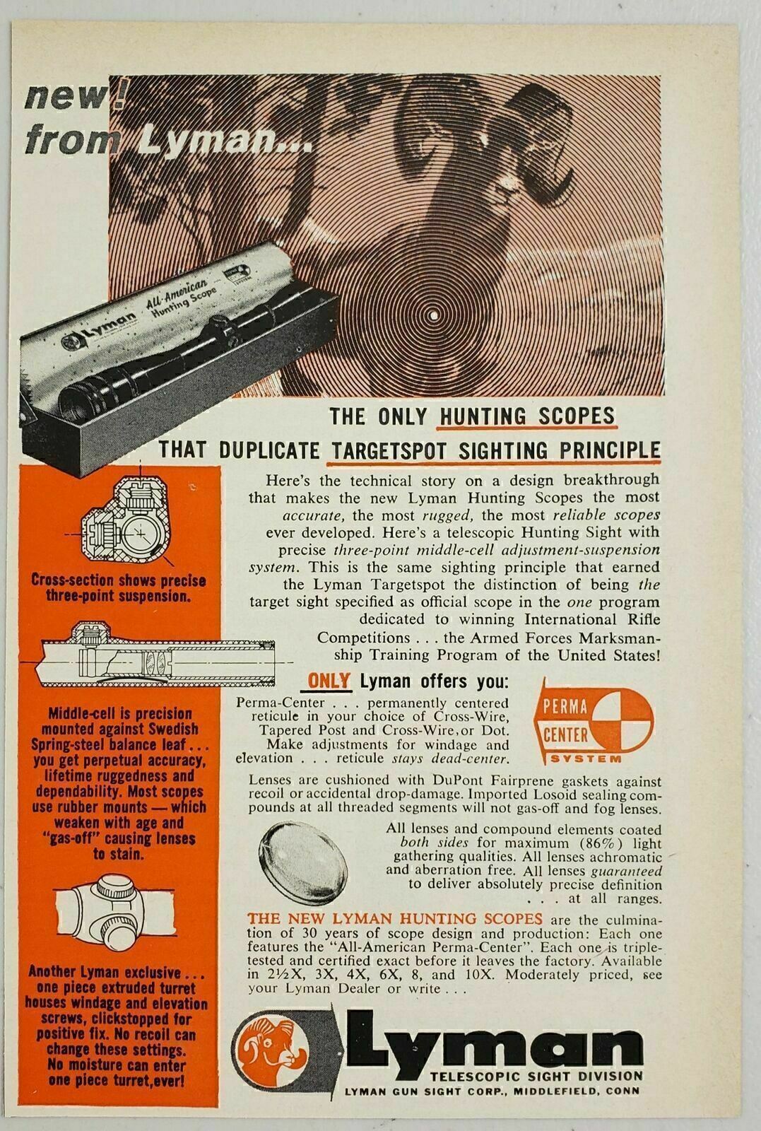 1961 Print Ad Lyman Telescopic Rifle Scopes Big Horn Sheep Middlefield,CT