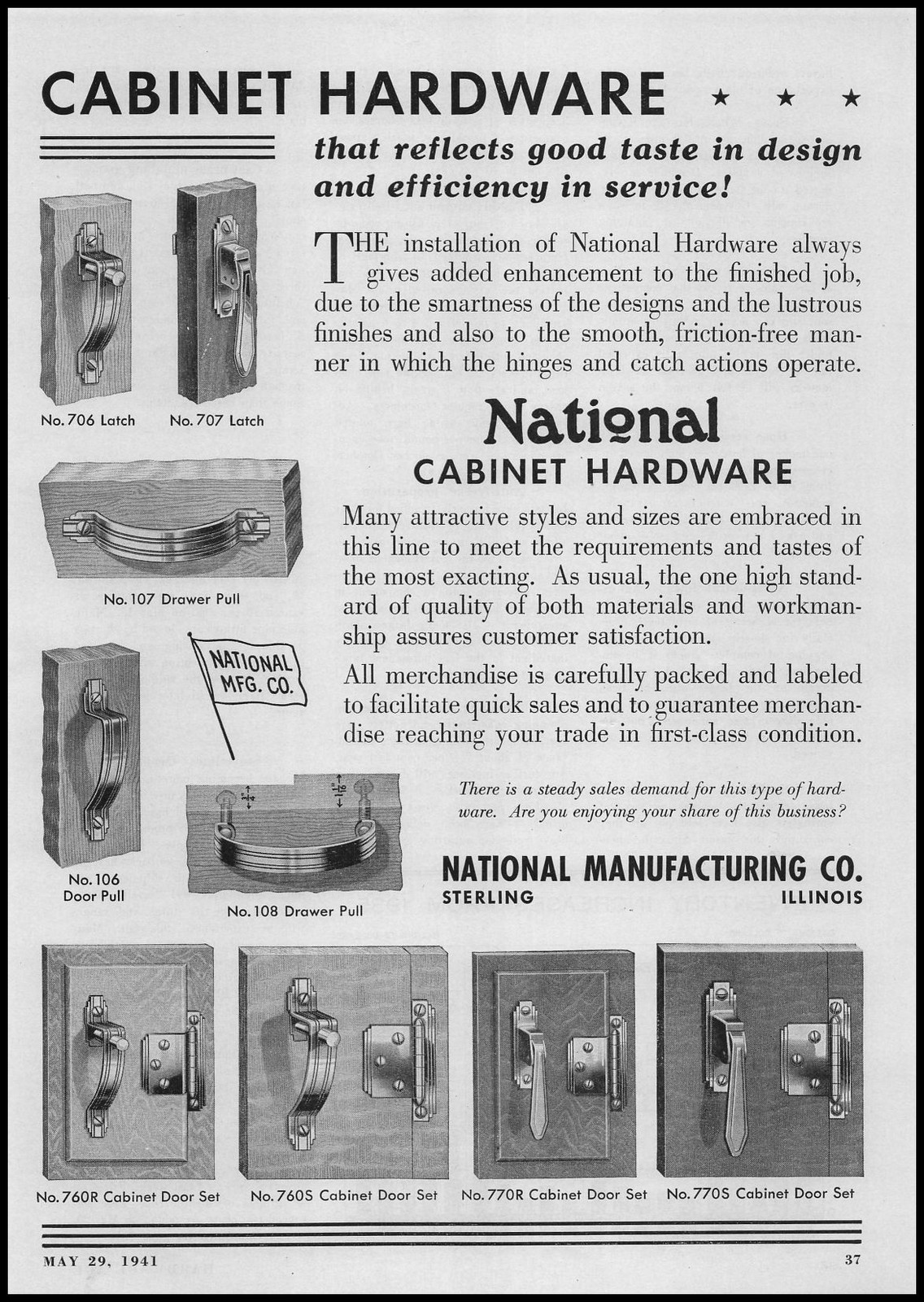 1941 National Mfg Company Cabinet Hardware Sterling Illinois Vintage Print Ad