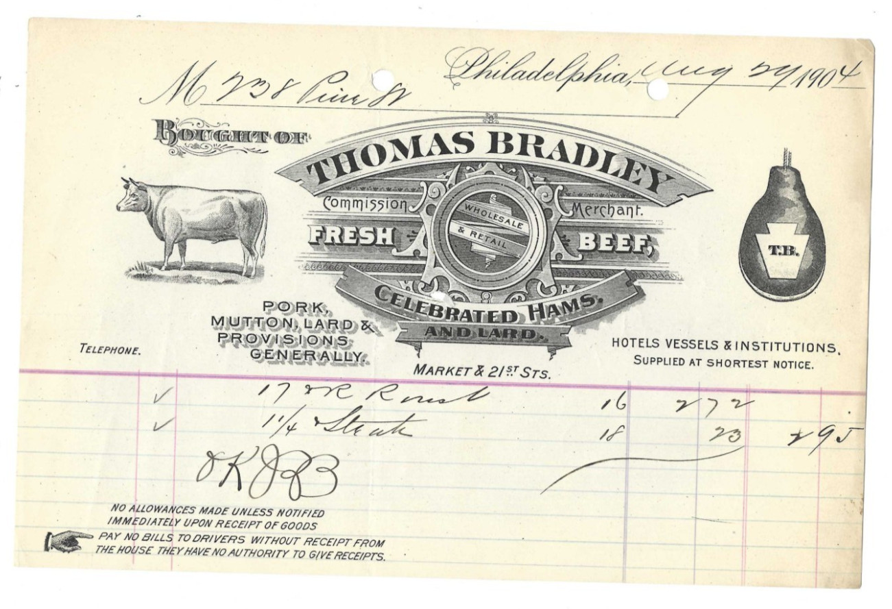 1904 Invoice Thomas Bradley Beef Ham Lard Philadelphia PA Hotels Ships