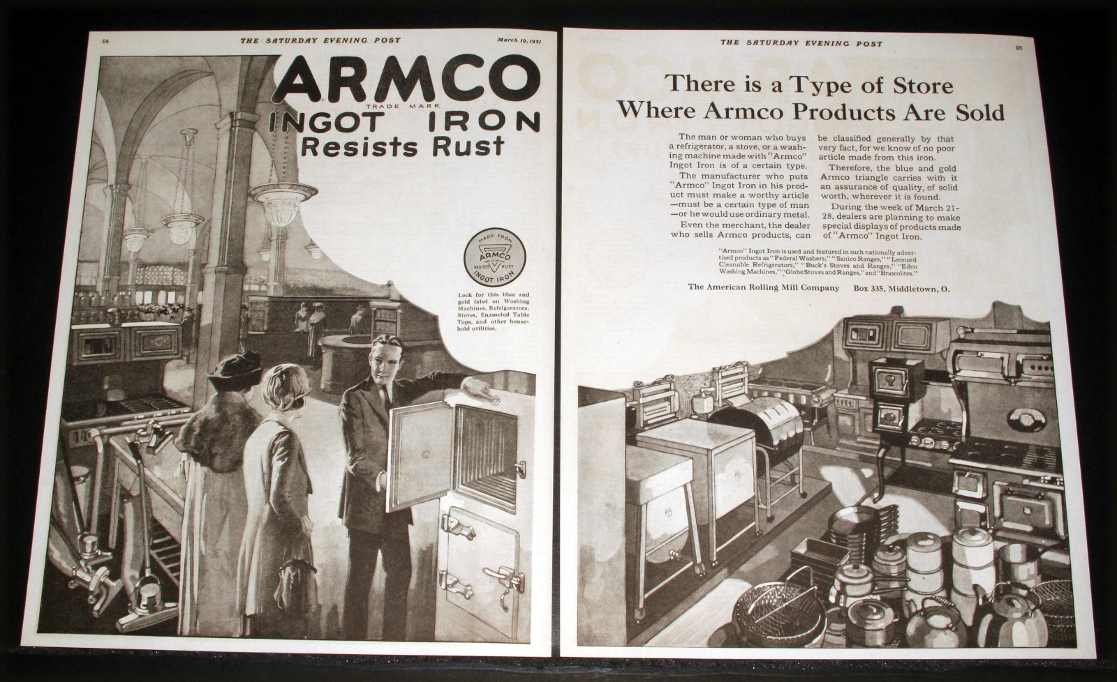 1921 OLD MAGAZINE PRINT AD, ARMCO STEEL, the STORE WHERE PRODUCTS ARE SOLD, ART!
