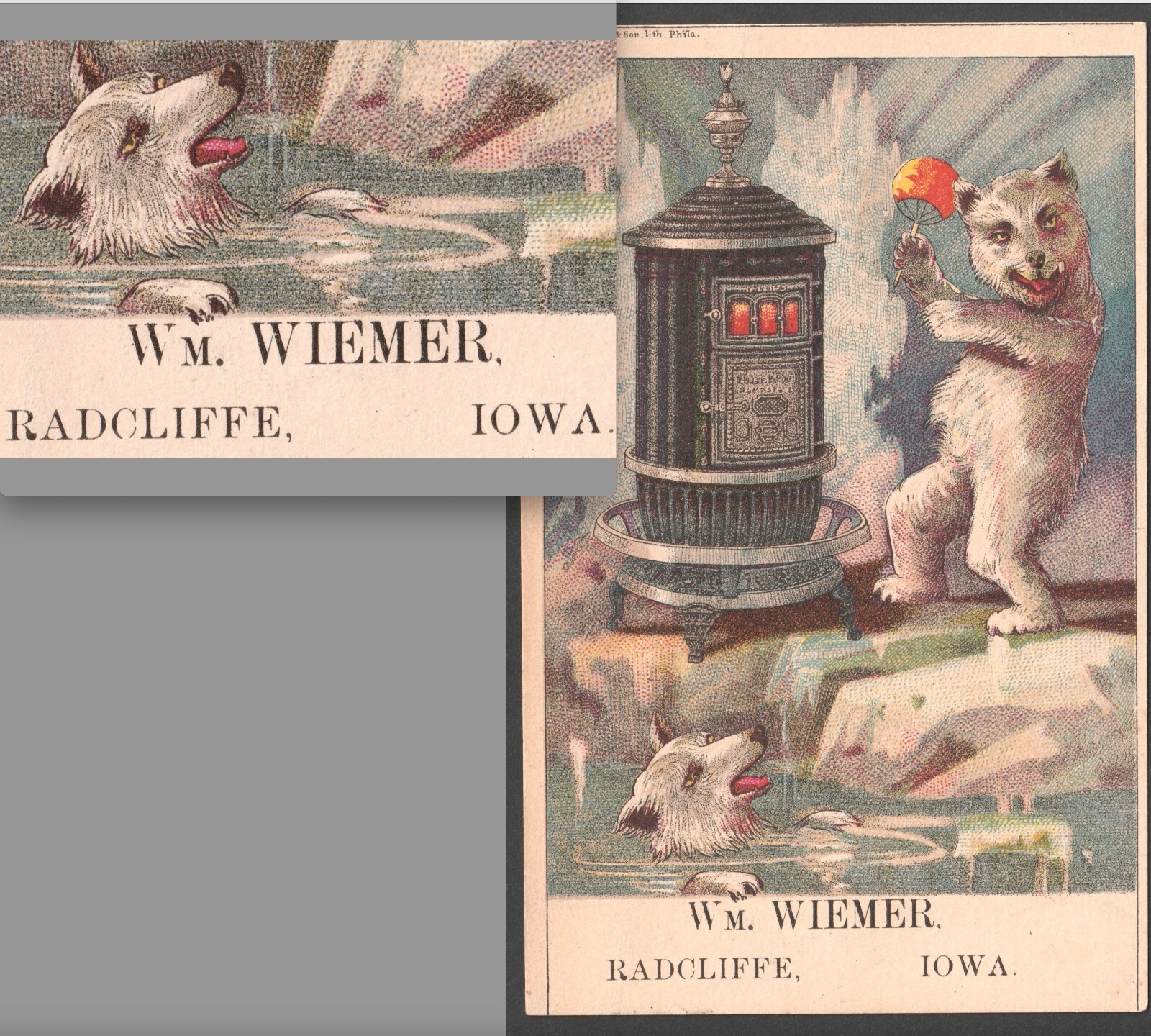 Antique Radcliffe Iowa Wiemer Hardware Round Oak Stove Arctic Bear Ad Trade Card
