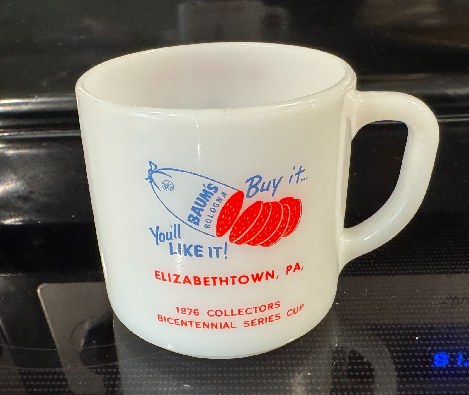 Federal Milk Glass Mug | Baum’s Bologna Etown Pa | Bicentennial USA | 200 yrs