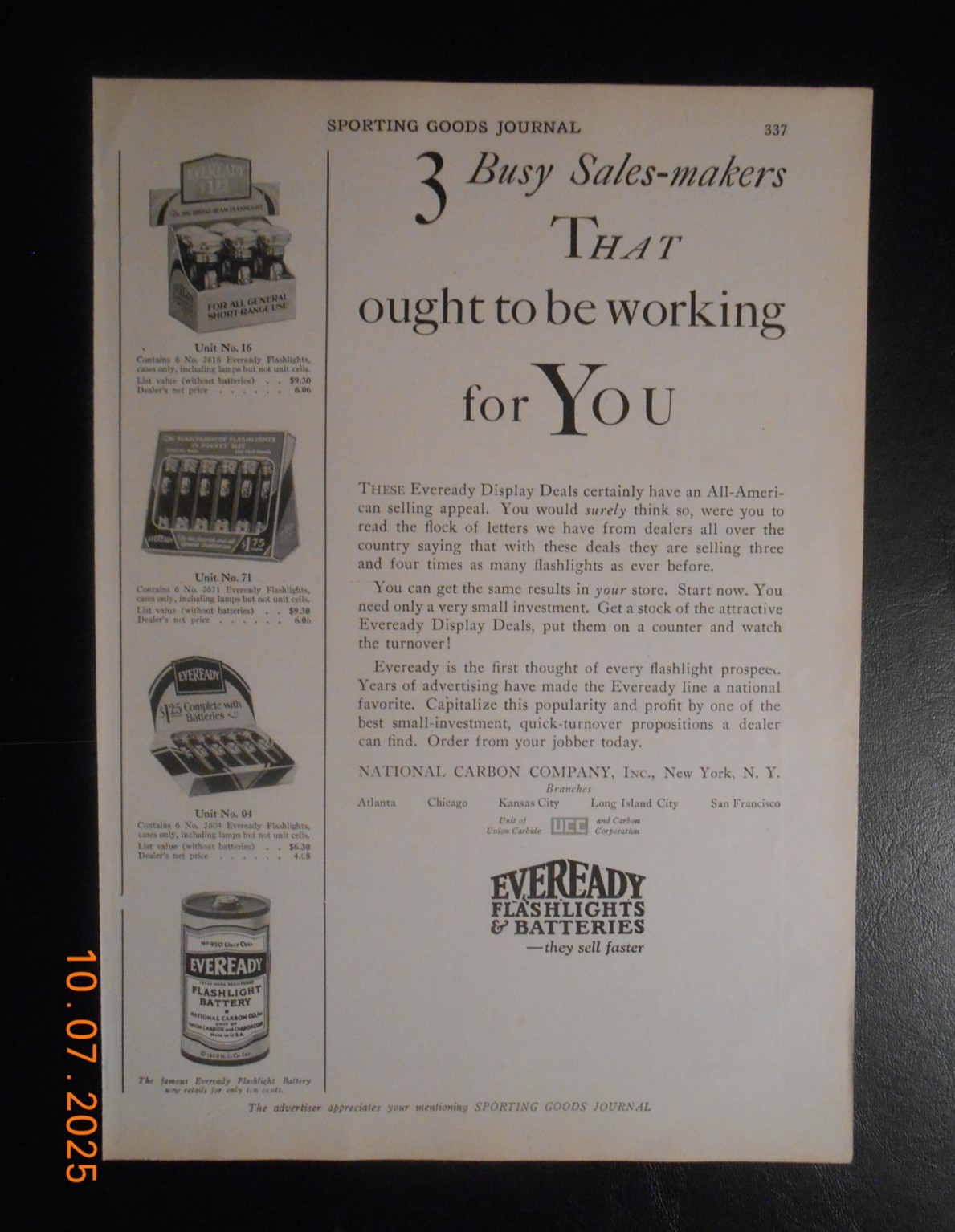 1929 National Carbon CO NY Eveready flashlight battery AD Horseshoe Canton Ohio