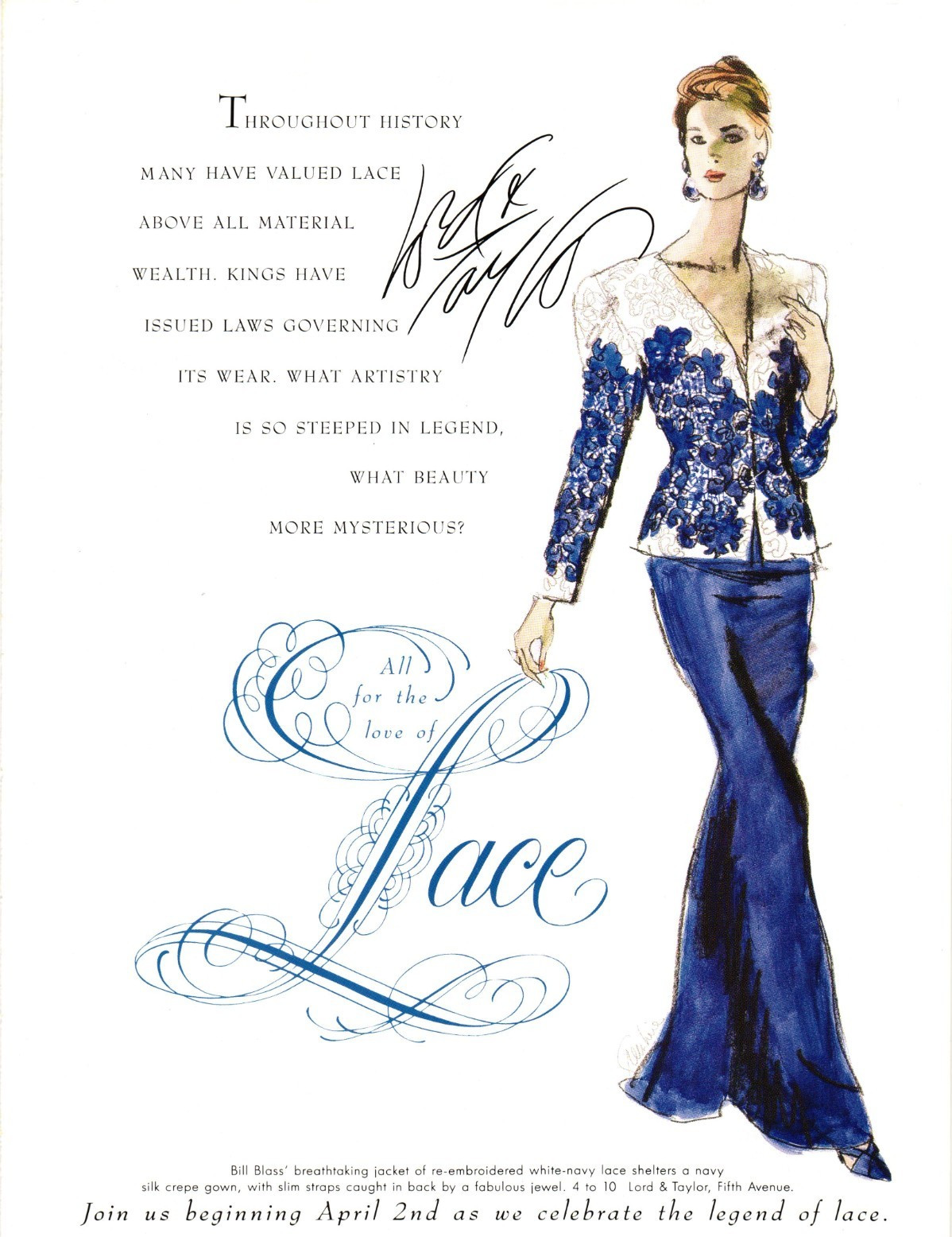 80s Print Ad Bill Blass Illustration Lady Blue Gown Embroidered Lace Jacket 626
