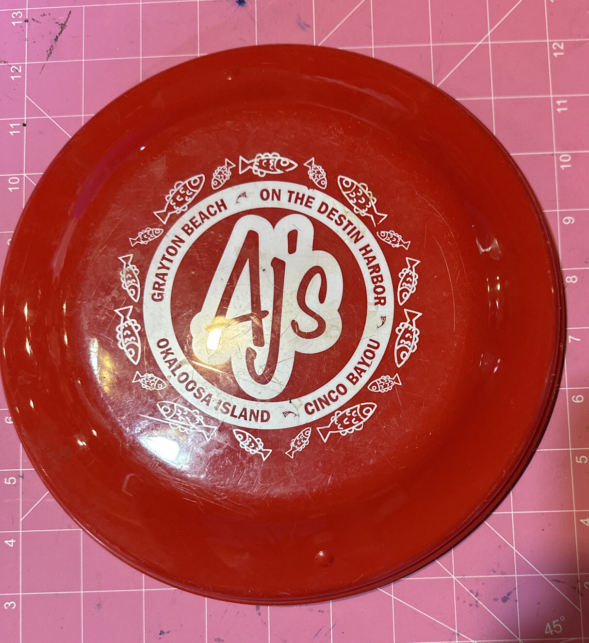 VINTAGE Aj’s Destin Harbor Advertising Promotional Frisbee Red Made in USA