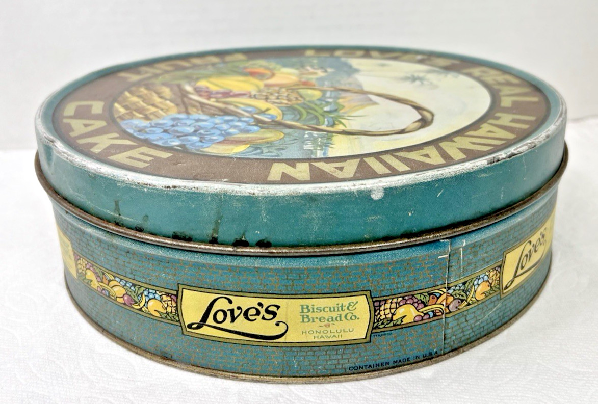 Advertising Memorabilia RARE 1927 Love’s Fruit Cake Tin Honolulu Hawaii 10 3/8