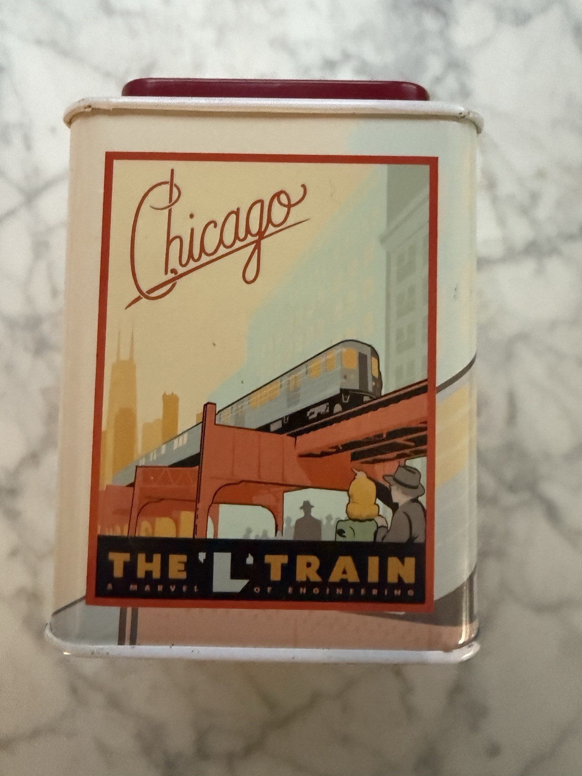 Fannie May Chocolate Tin Can Chicago “L” Train 3 7/8″ Art Deco Empty Storage Box