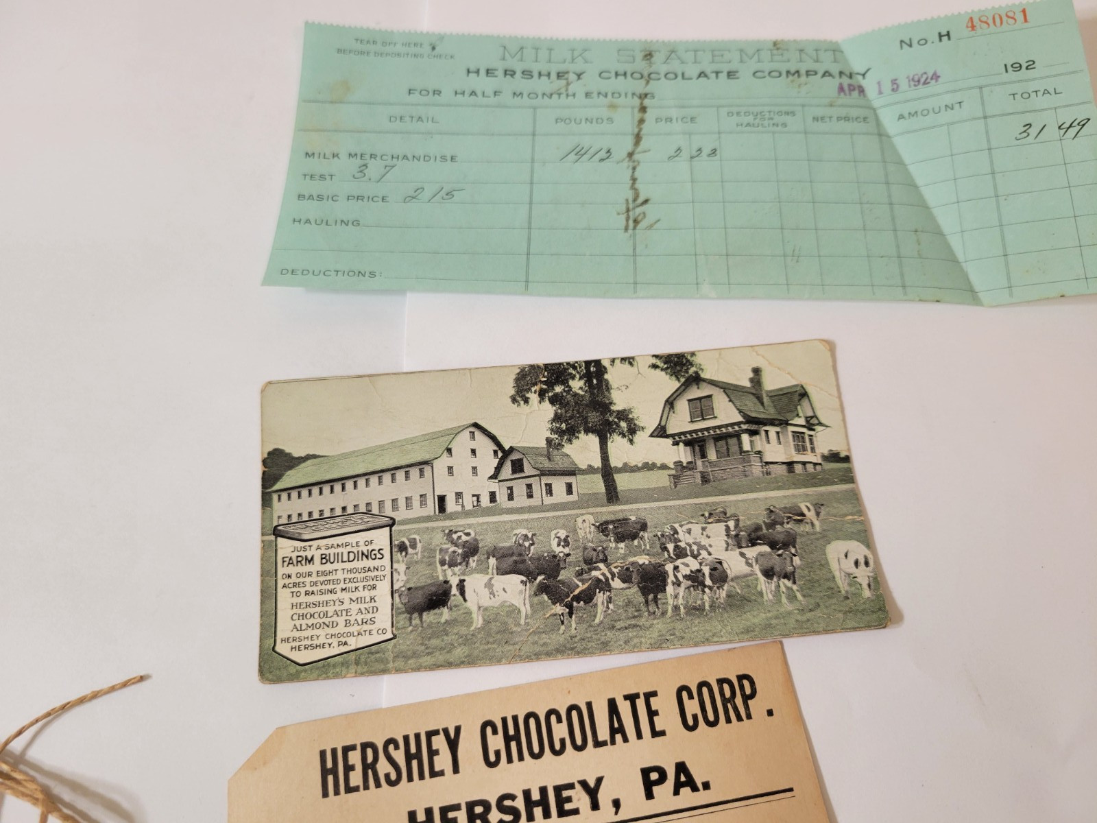 RARE Misc Hershey Memorabilla : Postcard, Tags, and Milk Statement 1924