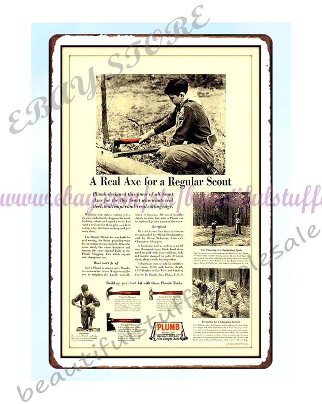 1930s Axe Scout metal tin sign hardware tradesman handyman equipments