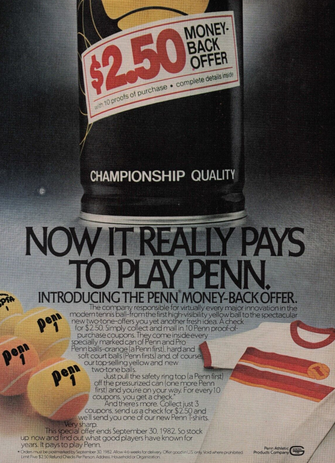 1982 Vintage Print Ad Now It Really Pays to Play Penn Tennis Balls Money-Back