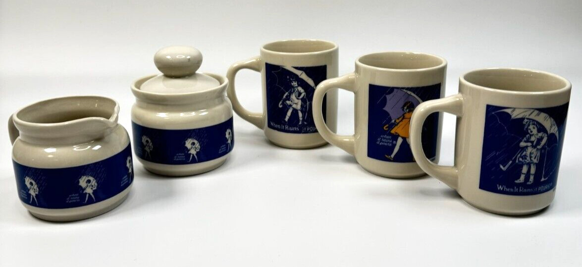 Vintage Morton Salt Coffee Cup Ceramic Mug Set of 5 Creamer, Sugar Bowl & 3 Mugs