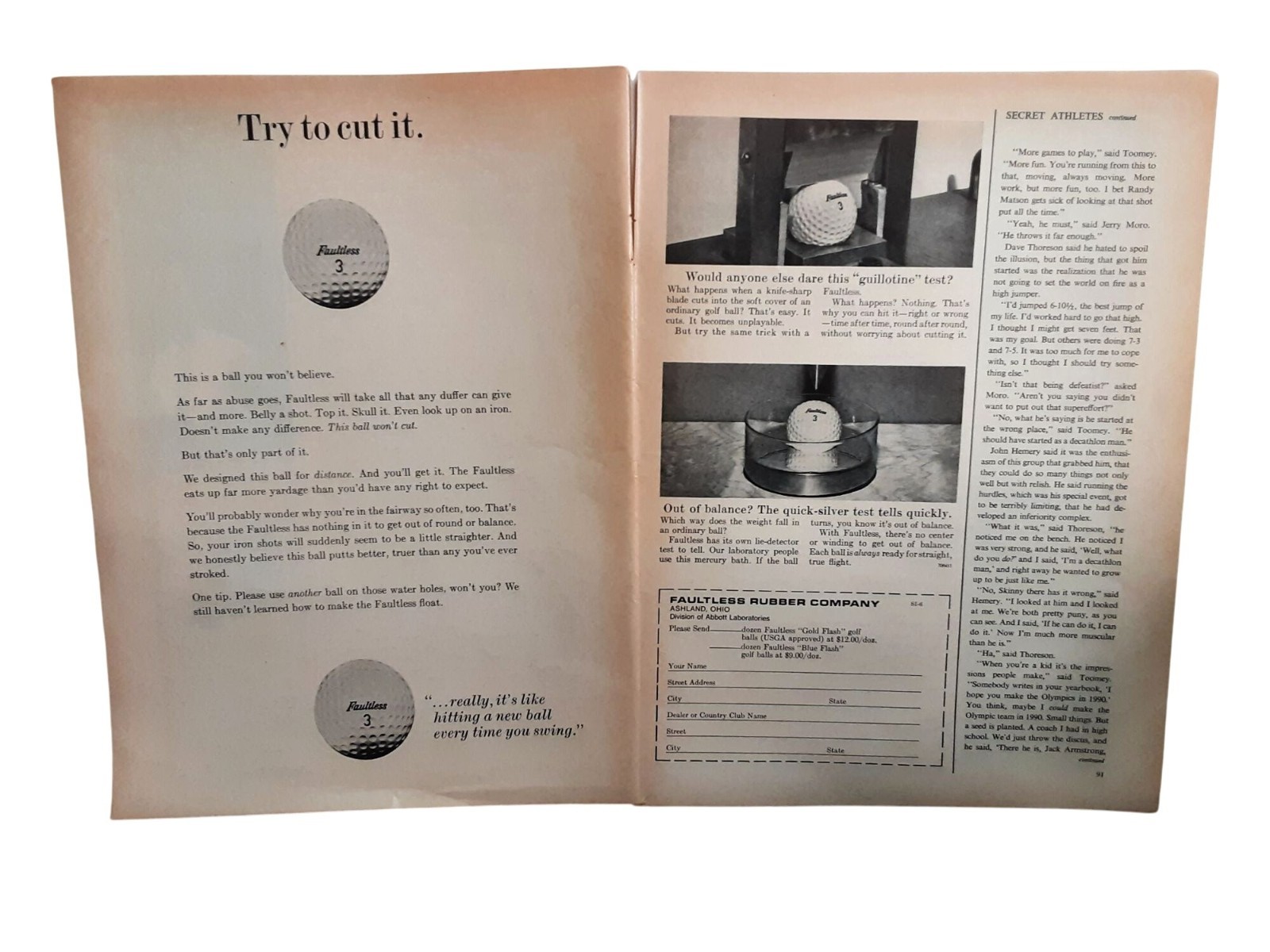 1967 Faultless Golf Ball Two Page Cut Ad Vintage Golf Equipment