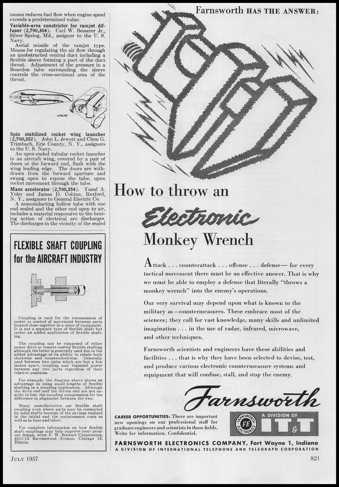1957 Farnsworth Electronics Fort Wayne Indiana Electronic Monkey Wrench Print Ad