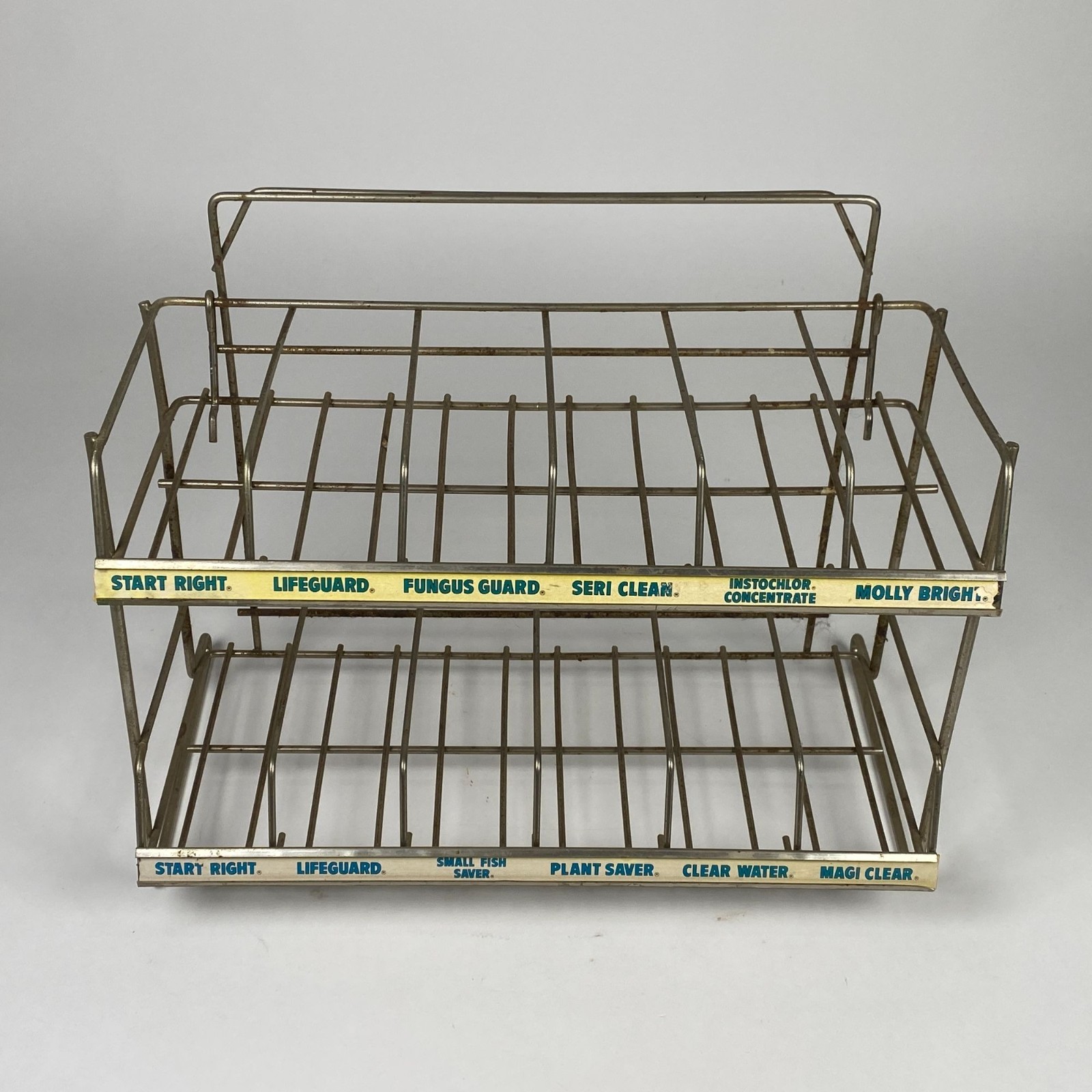 Vintage Two Tiered Wire Metal Display Rack Product Labels General Store
