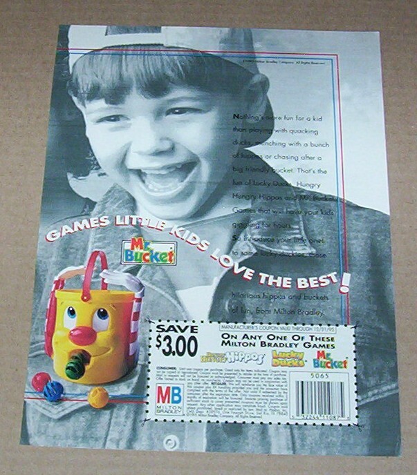 1995 print ad – Mr. Bucket kids game Cute little boy Milton Bradley advertising