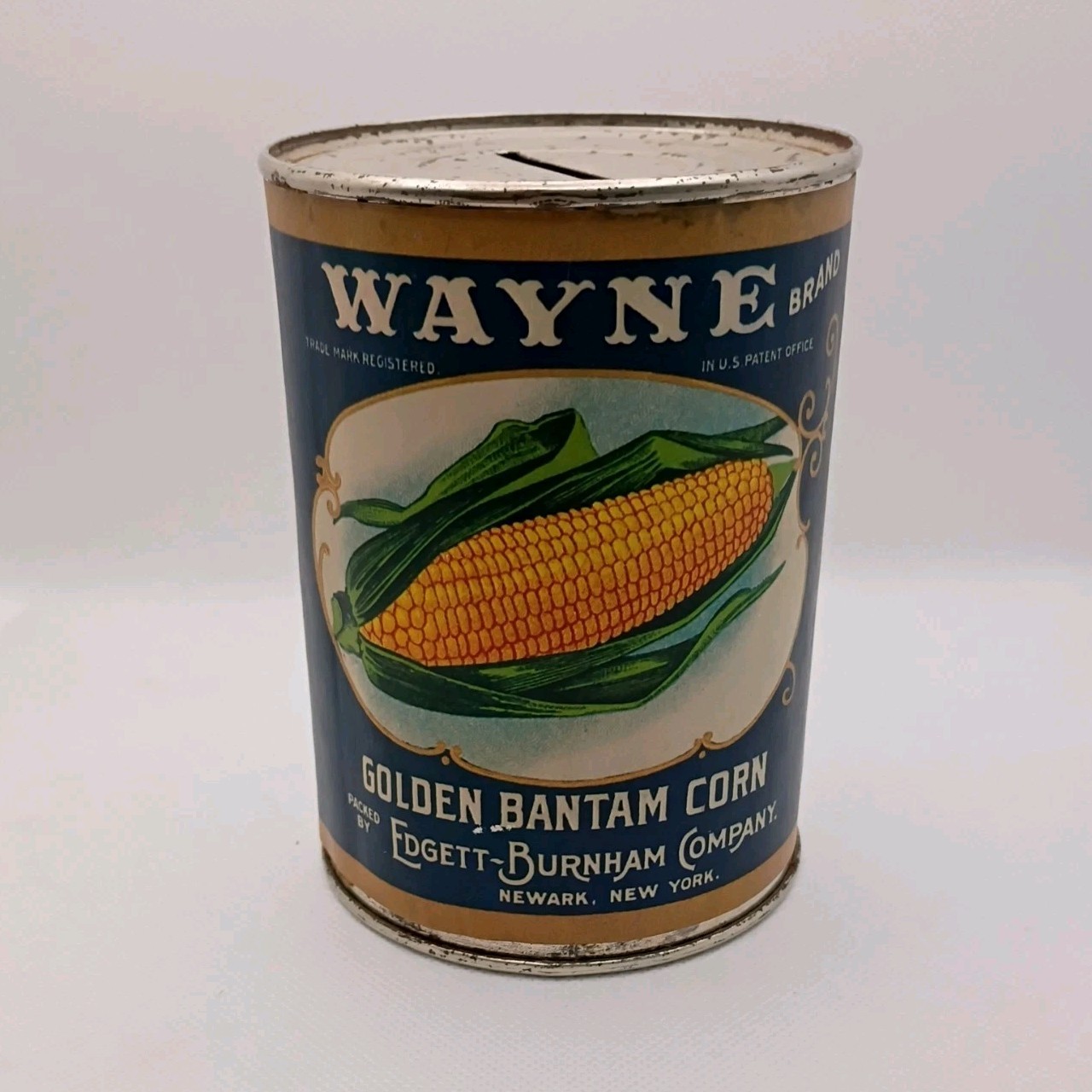Vintage Tin Can Coin Bank Wayne Brand Golden Bantam Corn Edgett-Burnham Co