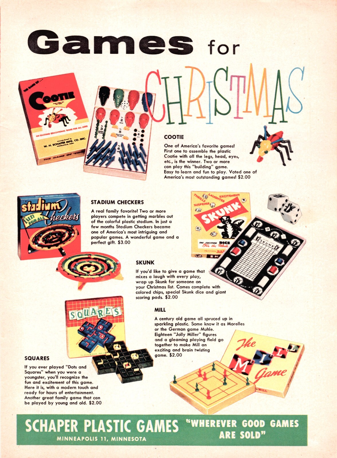 Cootie Skunk Mill Squares Schaper Plastic Games Minneapolis MN 1954 Vtg Print Ad