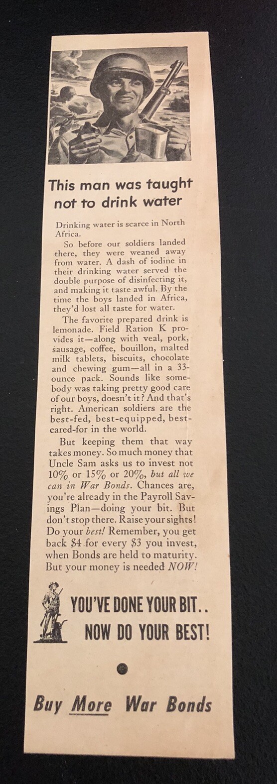 1943 BUY WAR BONDS This man was taught not to drink water – Vintage Magazine Ad