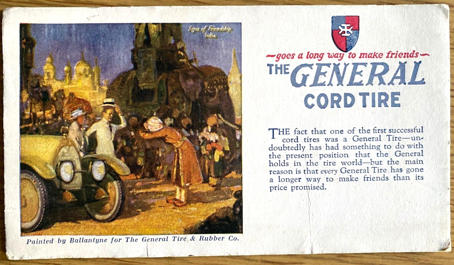 1920s THE GENERAL CORD TIRE vintage advertising blotter card AUTOMOBILE TIRES