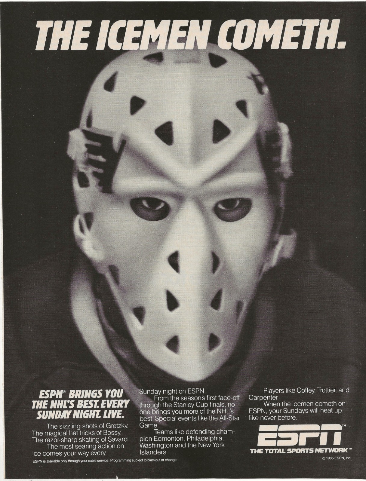 Vintage Print Ad ESPN NHL The Iceman Cometh – Goalie Closeup – Dec 1985