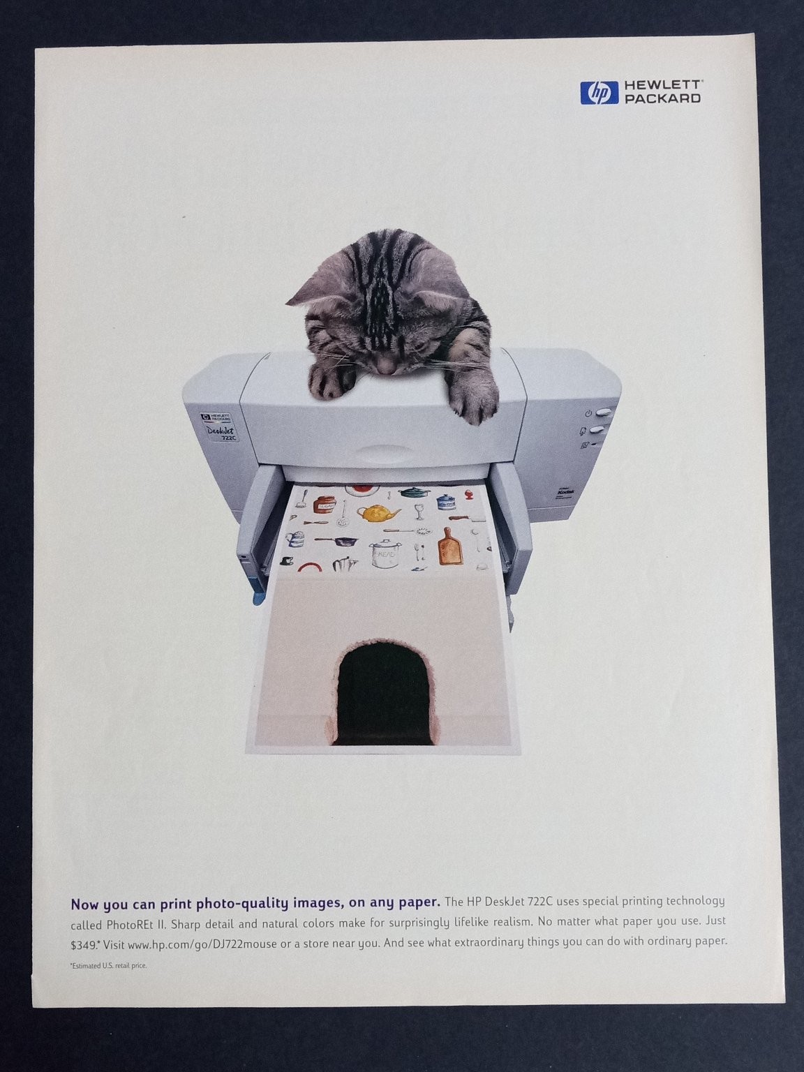 HP DeskJet Printer Ad Cat PhotoREt II 1990s Y2K Tech