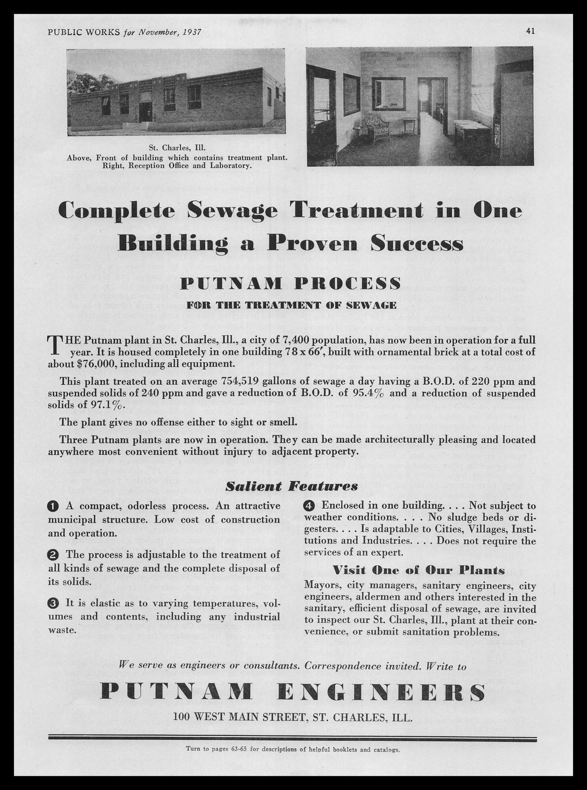 1937 Putnam Engineers St. Charles IL Sewage Treatment Building Photos Print Ad