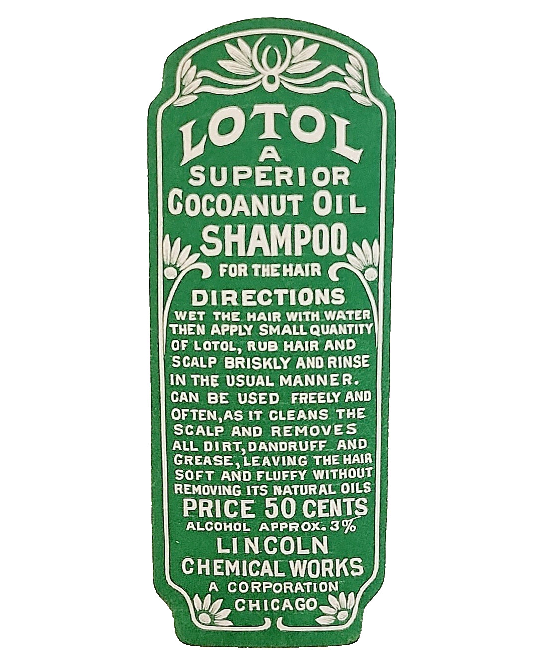 1910-30s Lotol Cocoanut Oil Shampoo Label Lincoln Chemical Works Chicago J4