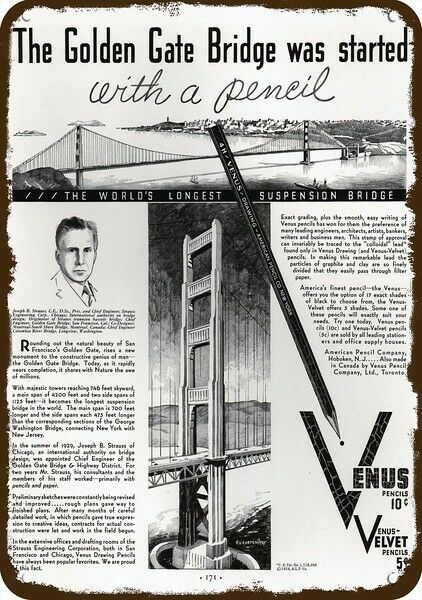 1934 VENUS PENCIL Golden Gate Bridge Vintage-Look DECORATIVE REPLICA METAL SIGN