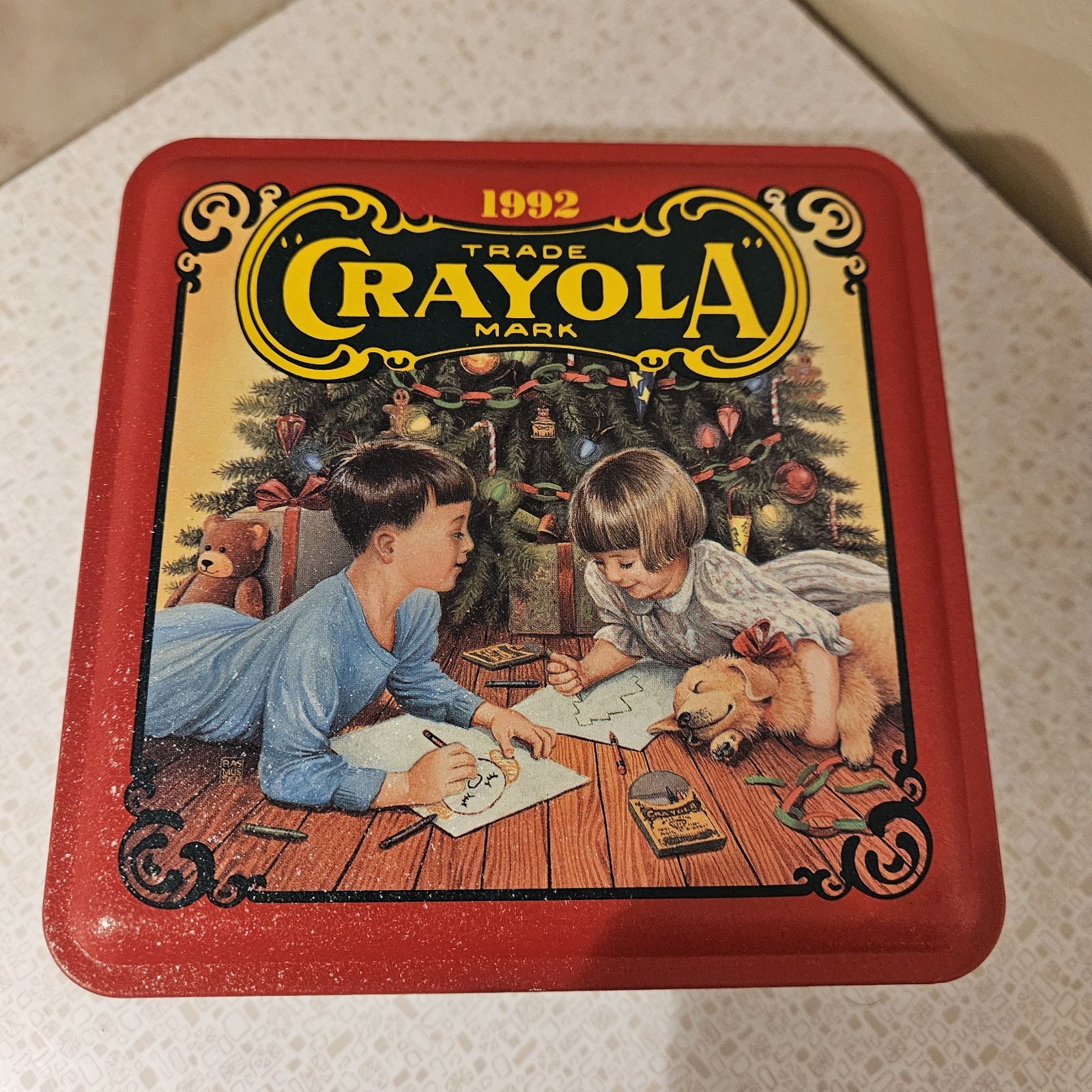 Vintage 1992 Crayola Holiday Tin Box Crayon Storage Red
