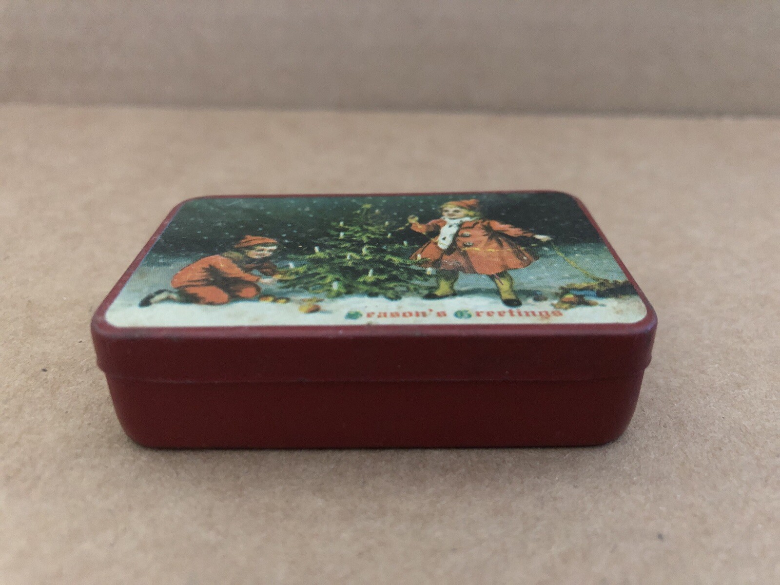 Vintage SEASONS GREETINGS Christmas Scene Tin Children Decorating Tree
